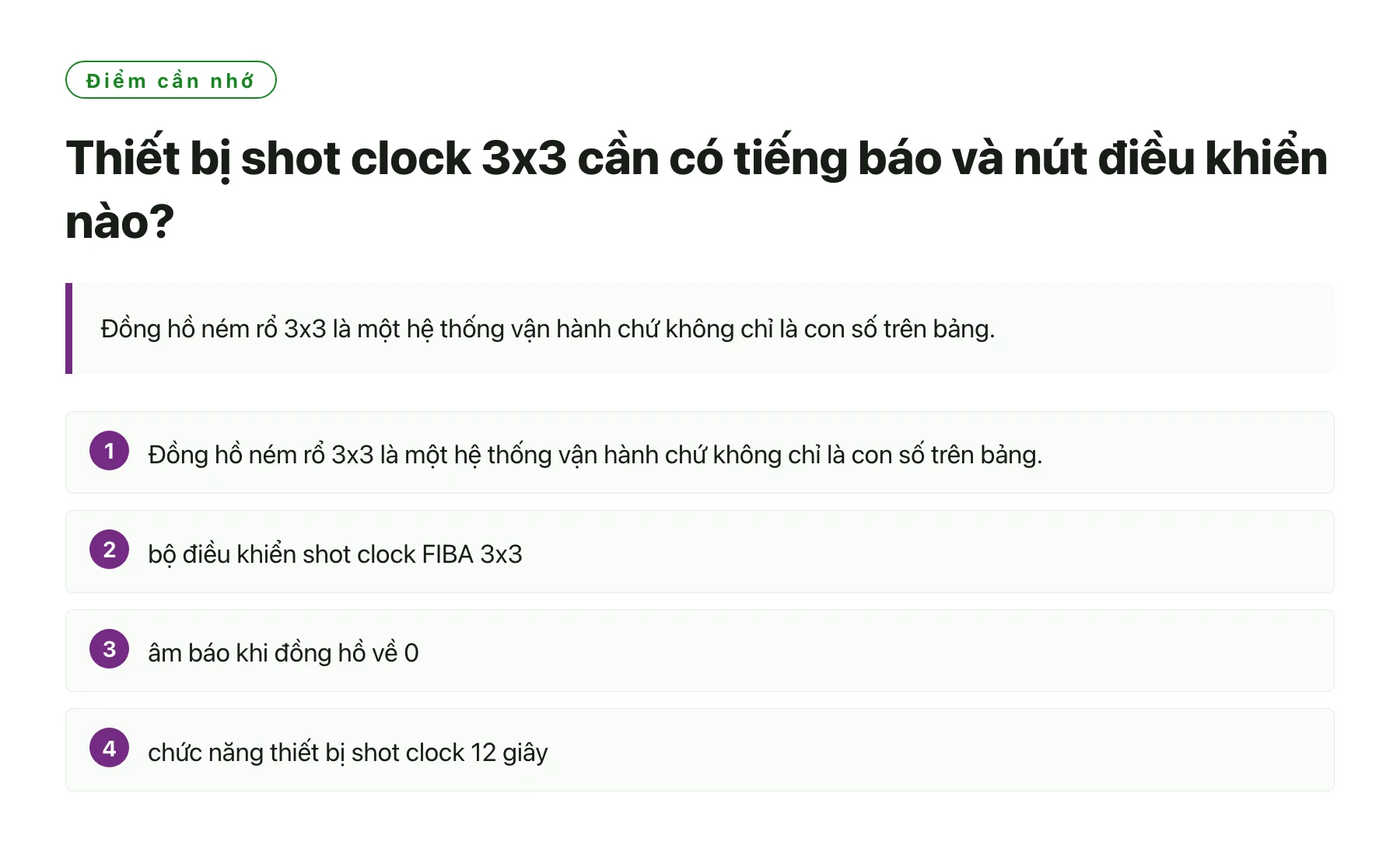 Thiết bị shot clock 3x3 cần có tiếng báo và nút điều khiển nào?——全文要点速览