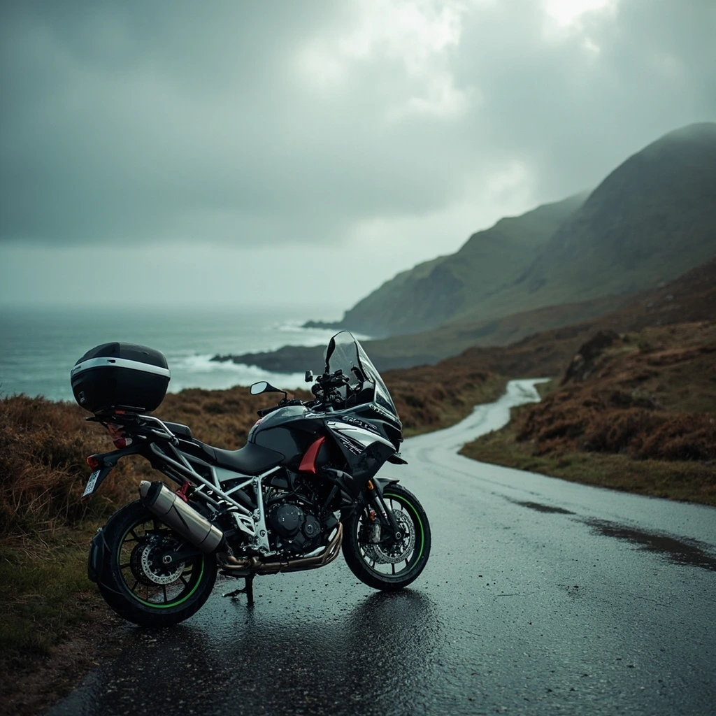 Sport tourer leaning into a wet Highland curve