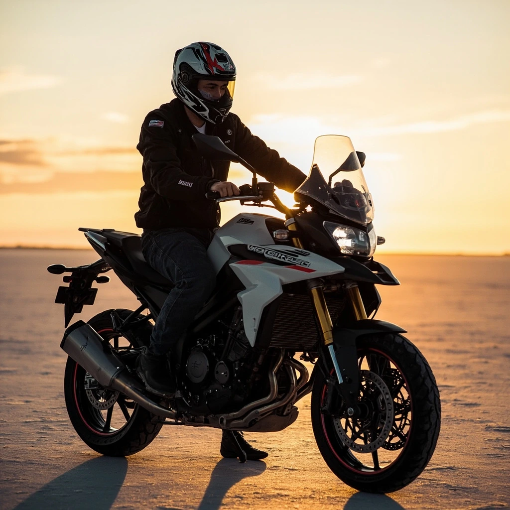 Test rider documenting a motorcycle on a salt flat at dawn